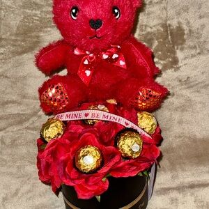 Red Teddy Bear with Roses and Chocolates